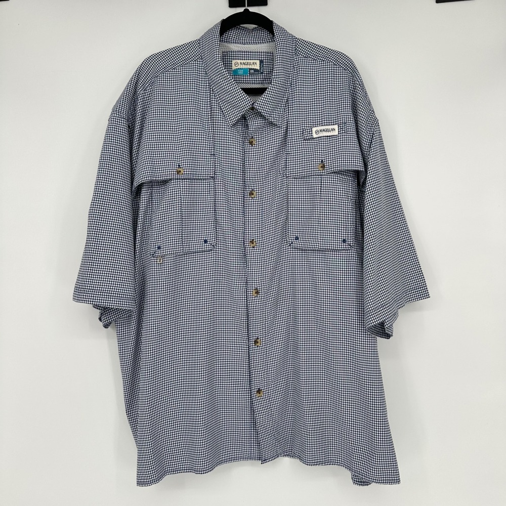 Magellan Outdoors Vented Fish Gear Mag Wick Blue Gingham Button Up Shirt Men 4XL